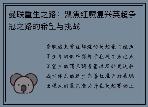 曼联重生之路：聚焦红魔复兴英超争冠之路的希望与挑战